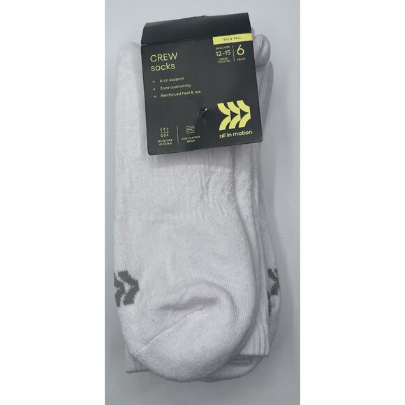 All in Motion Mens Crew Sock 3 Pairs WHITE Arch Support Zone Cushioning 12-15 - Picture 1 of 4